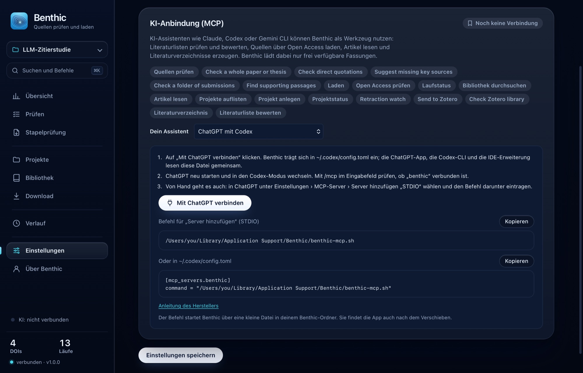 Einstellungen mit der Anbindung an KI-Assistenten und den Open-Access-Quellen