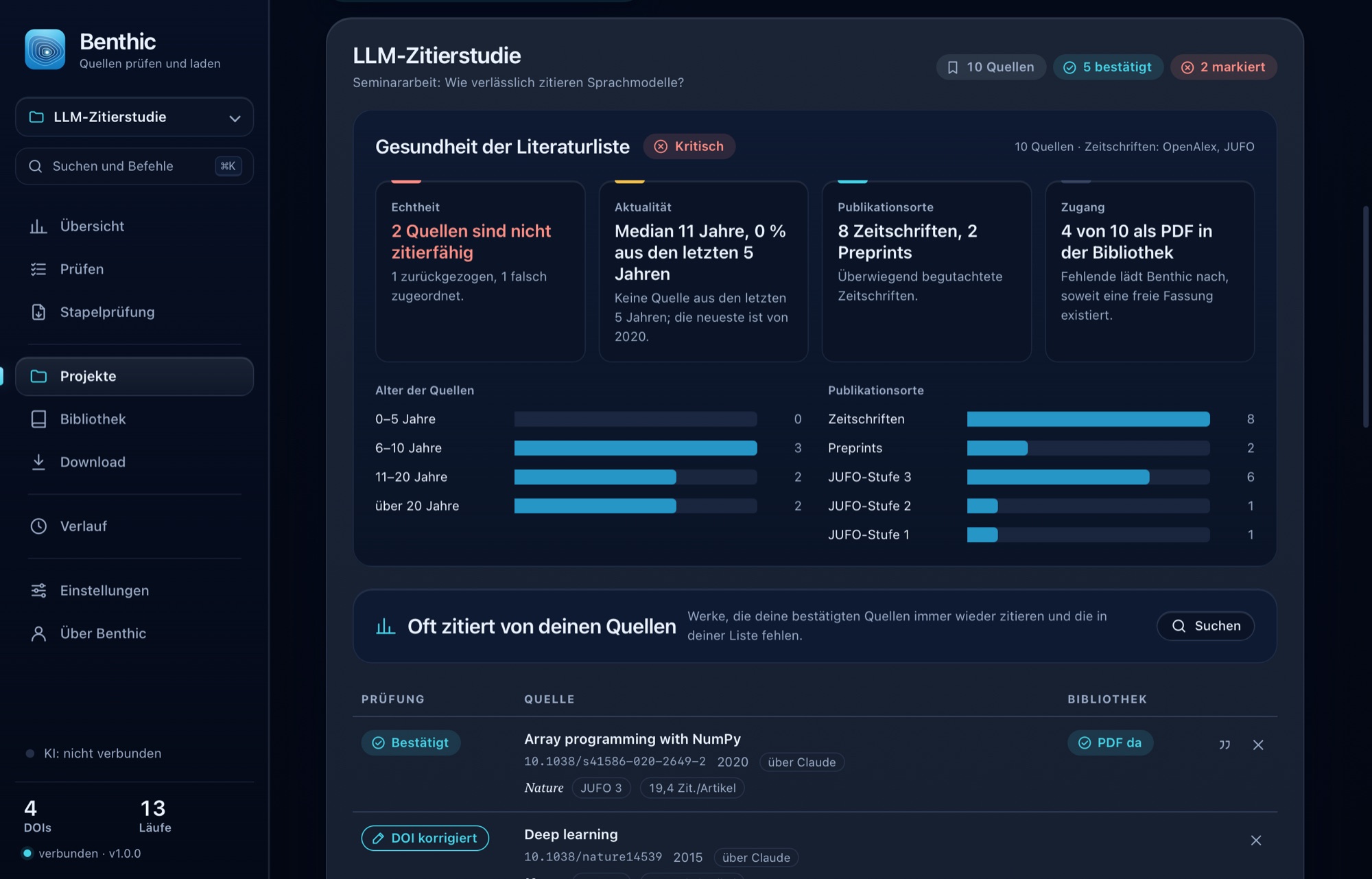 Projekt mit zehn Quellen, Prüfstatus und vorhandenen PDFs