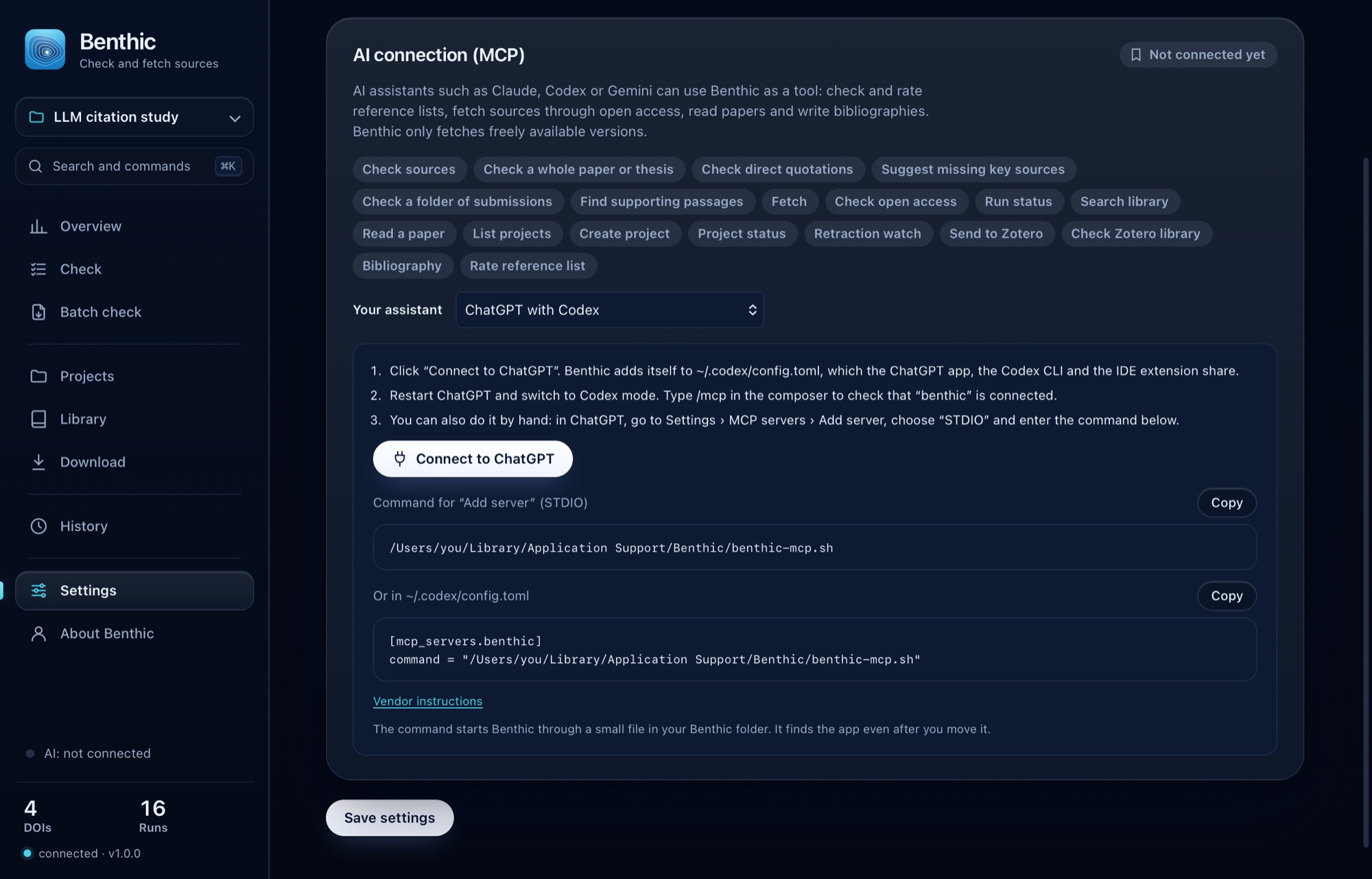 Settings with the connection to AI assistants and the open-access sources