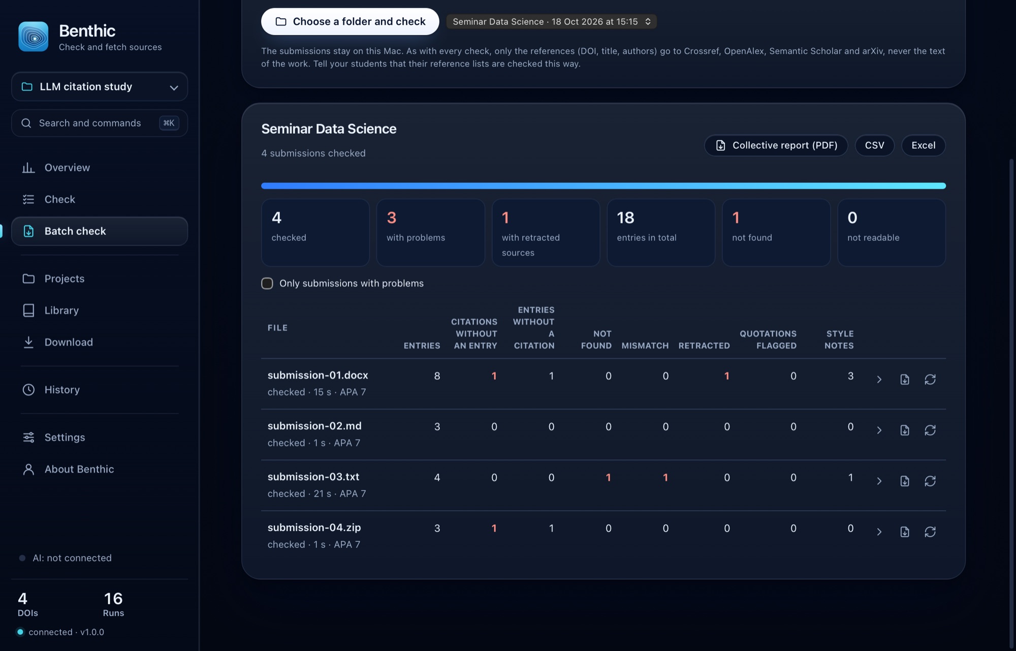 Batch check of four submissions with their flagged sources
