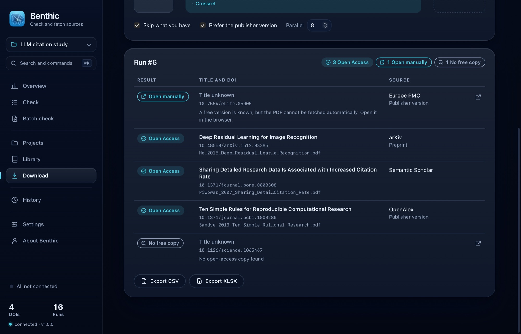 Download run with result, version and source per DOI