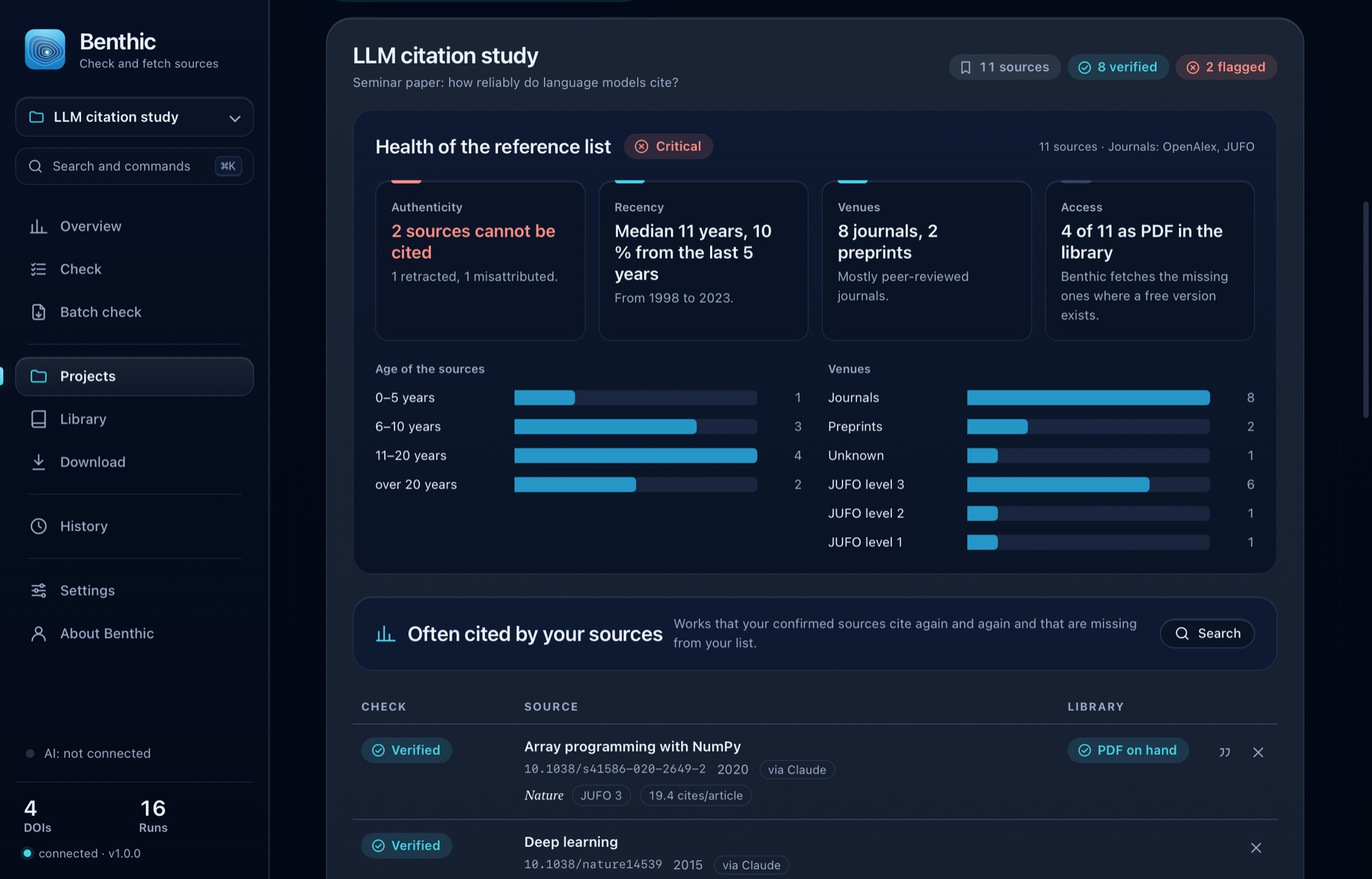 Project with ten sources, check status and PDFs on hand